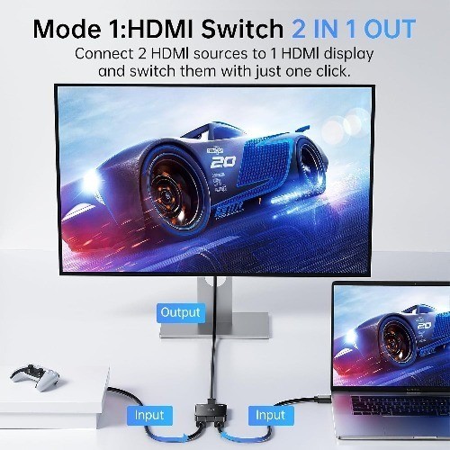 HDMI Switch 4K 60Hz Bi Directional 2 Input 1 Output No External Power PS5 PS4
