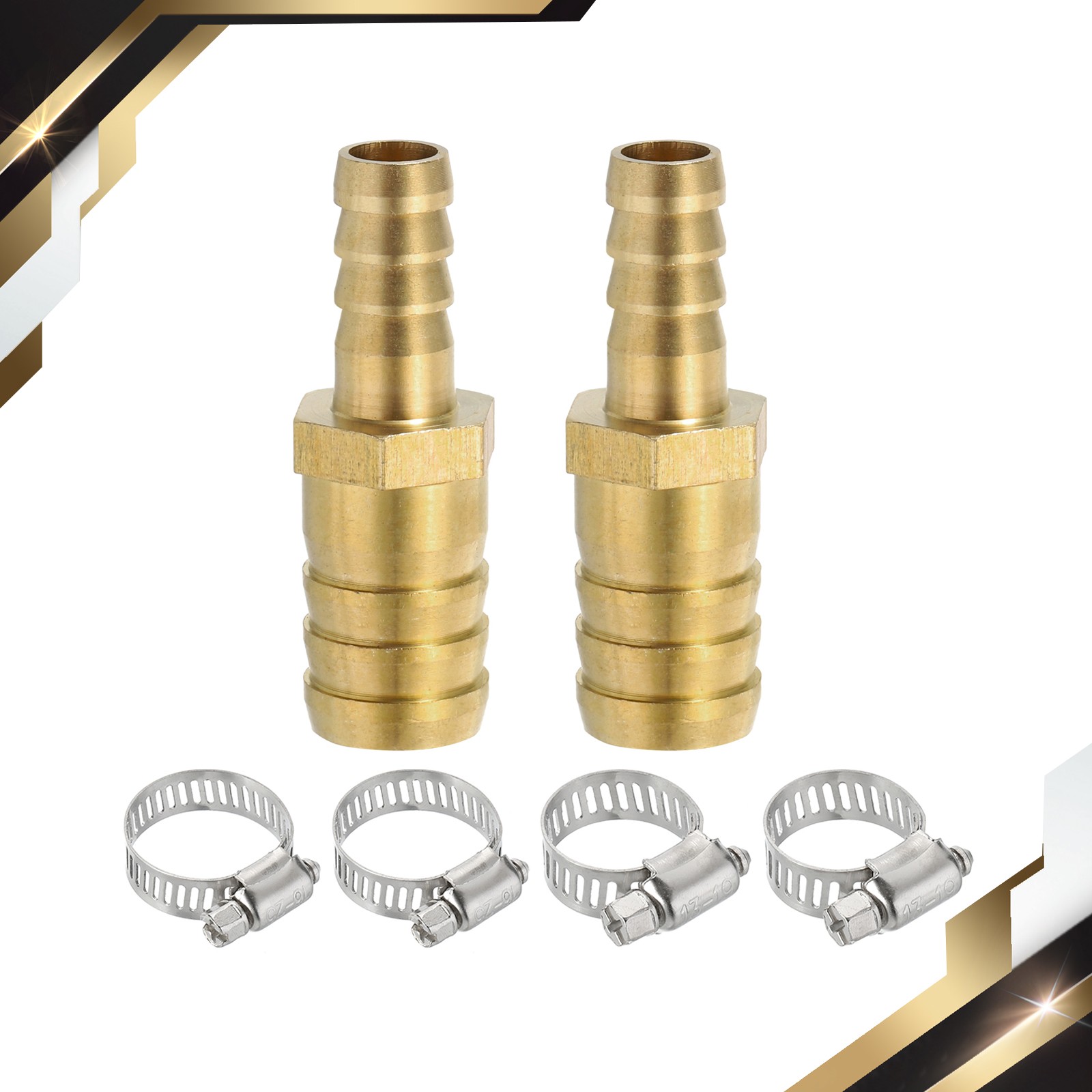2 Pack 3/8″ to 5/8″ Brass Hose Barb Reducer with 4 Clamps for Air Water Fuel