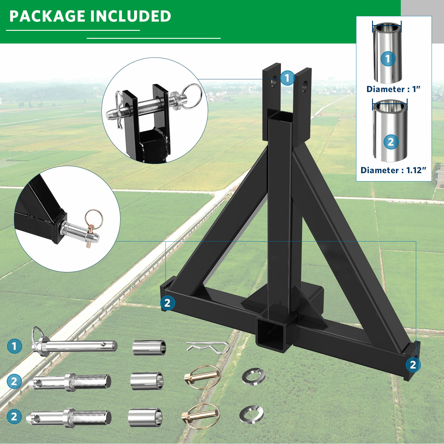 3 Point Trailer Hitch Tow Drawbar 2″ Adapter Attach For Category 1 Tractor
