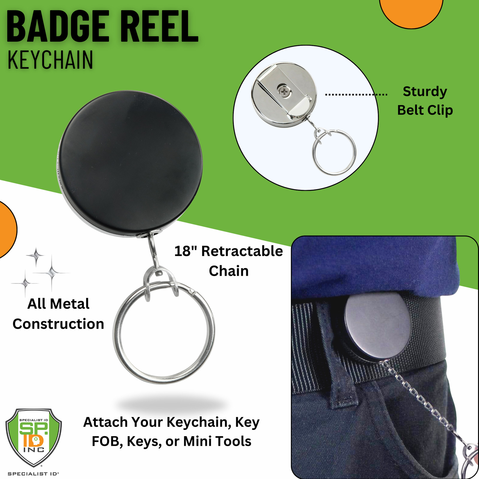 Heavy Duty Retractable Keychain Badge Reel with Metal Chain Pull and Belt Clip