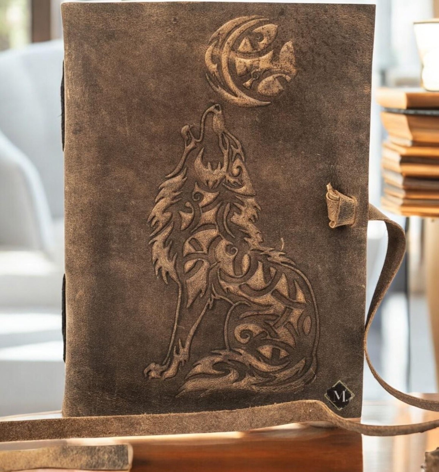 Handmade Leather Journal with Wolf, 200 Unlined Pages Diary | B1G1 Free