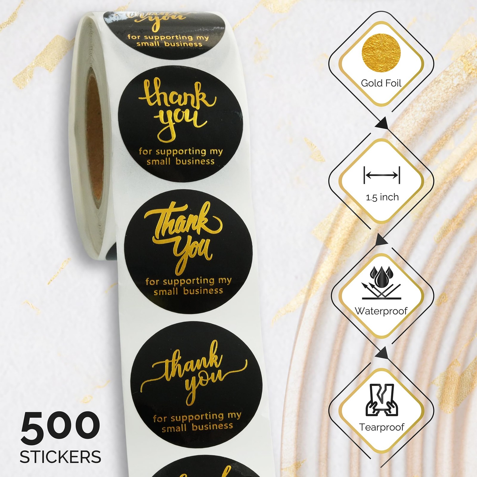 Thank You Labels for Gift Bags, 500 Gold Foil Stickers, 1.5 Inch, Black