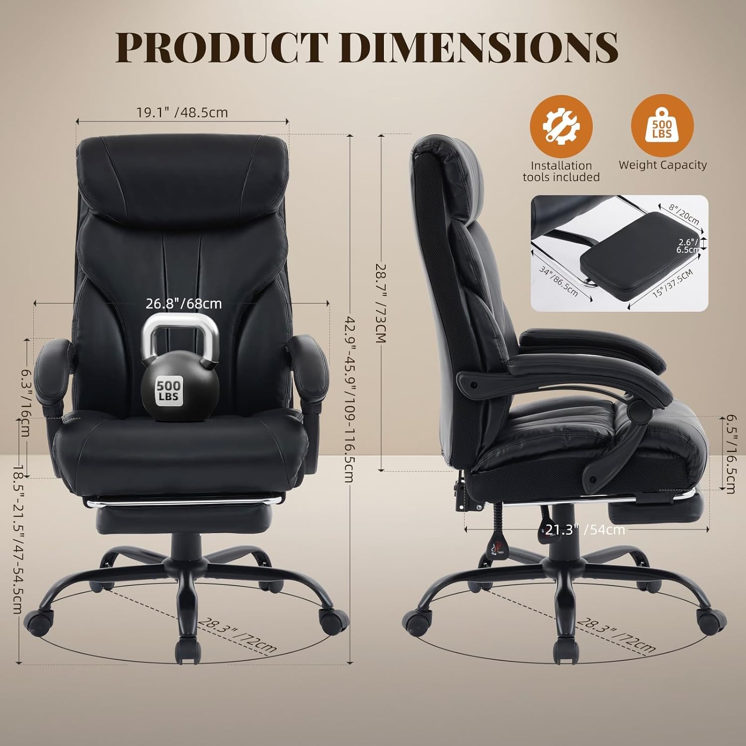 500lbs Big and Tall Office Chair with Footrest Wide Ergonomic Computer Chair