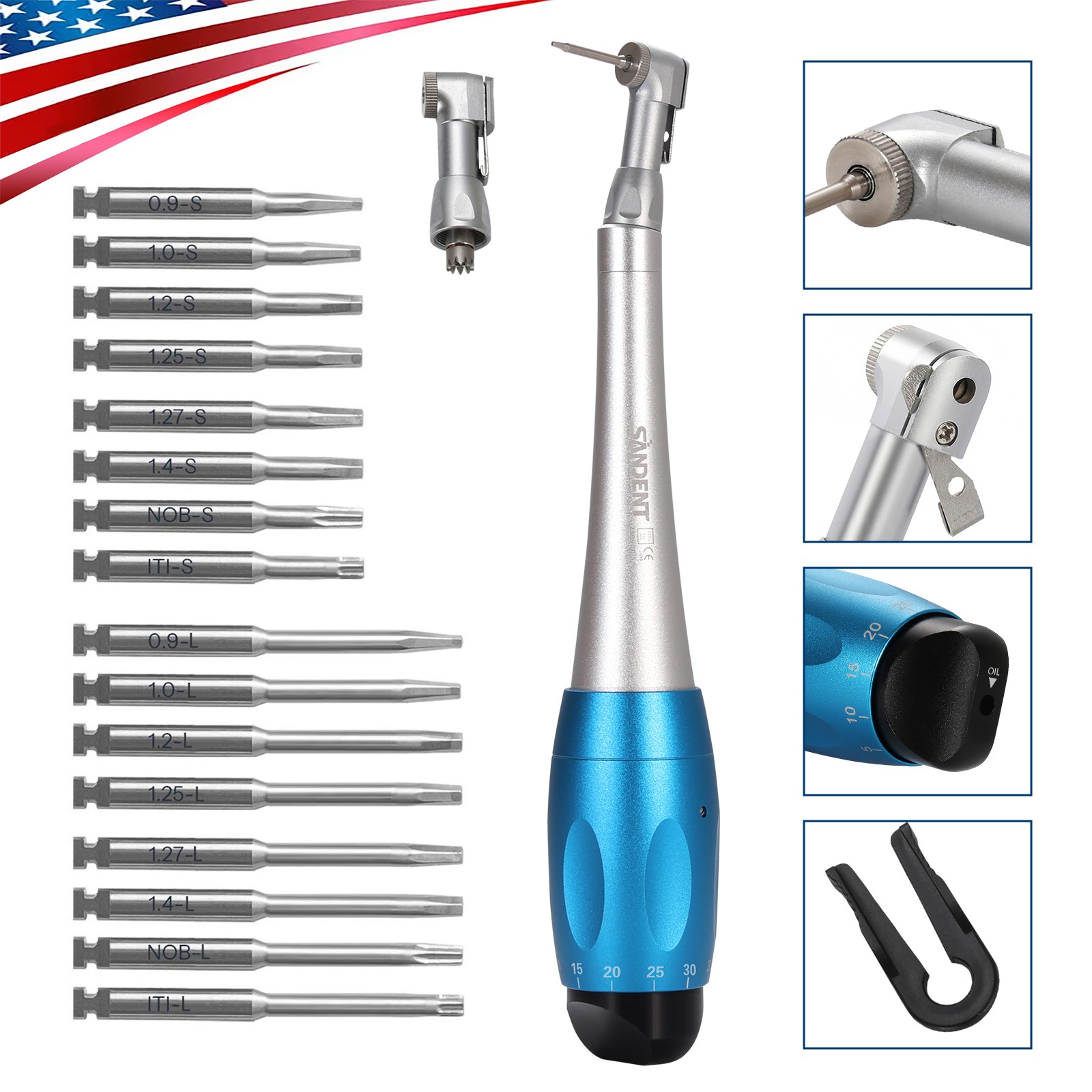 Dental Manual Implant Torque Wrench Handpiece with 16 Screw Drivers 2.35mm 2Head