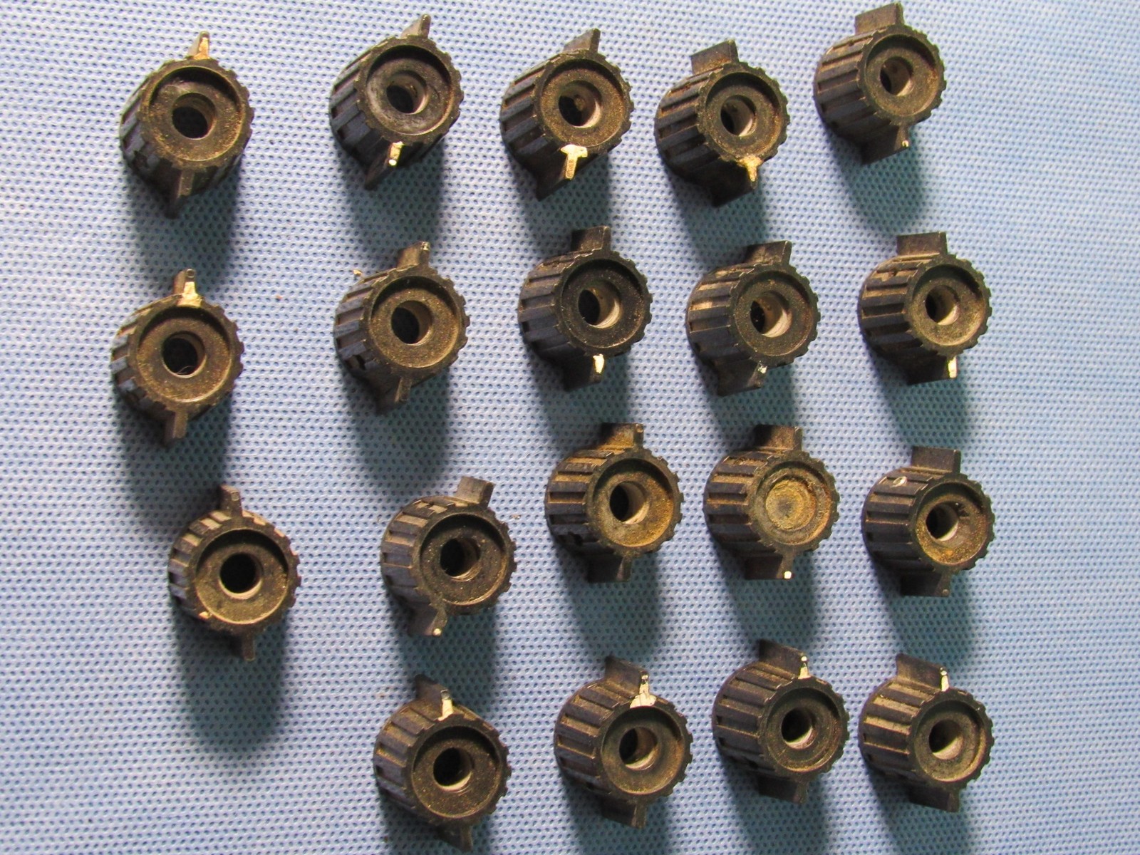 Vintage Ribbed Control Knobs Lot 19 Black Plastic Brass Inserts Pointer Tab
