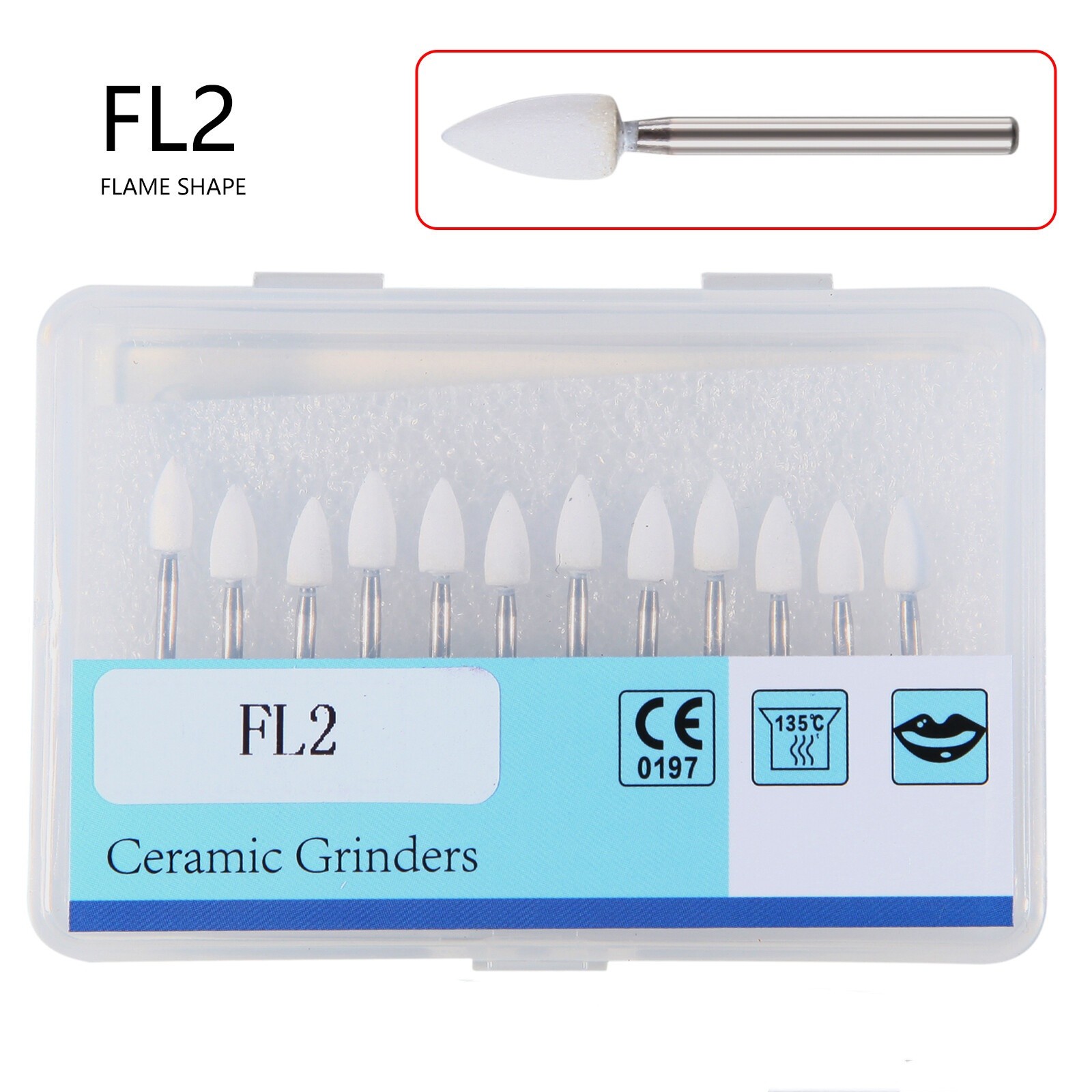 12Pcs/Box Dental White Stone High Speed Polishing Burs FG Cone/Flame/Round Shape