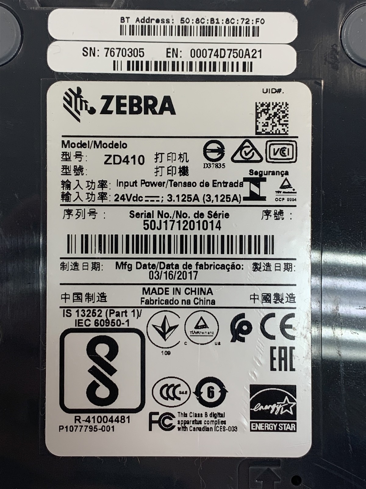 Zebra ZD410 Thermal Label Printer USB Ethernet Bluetooth ZD41H22-D01E00EZ & AC