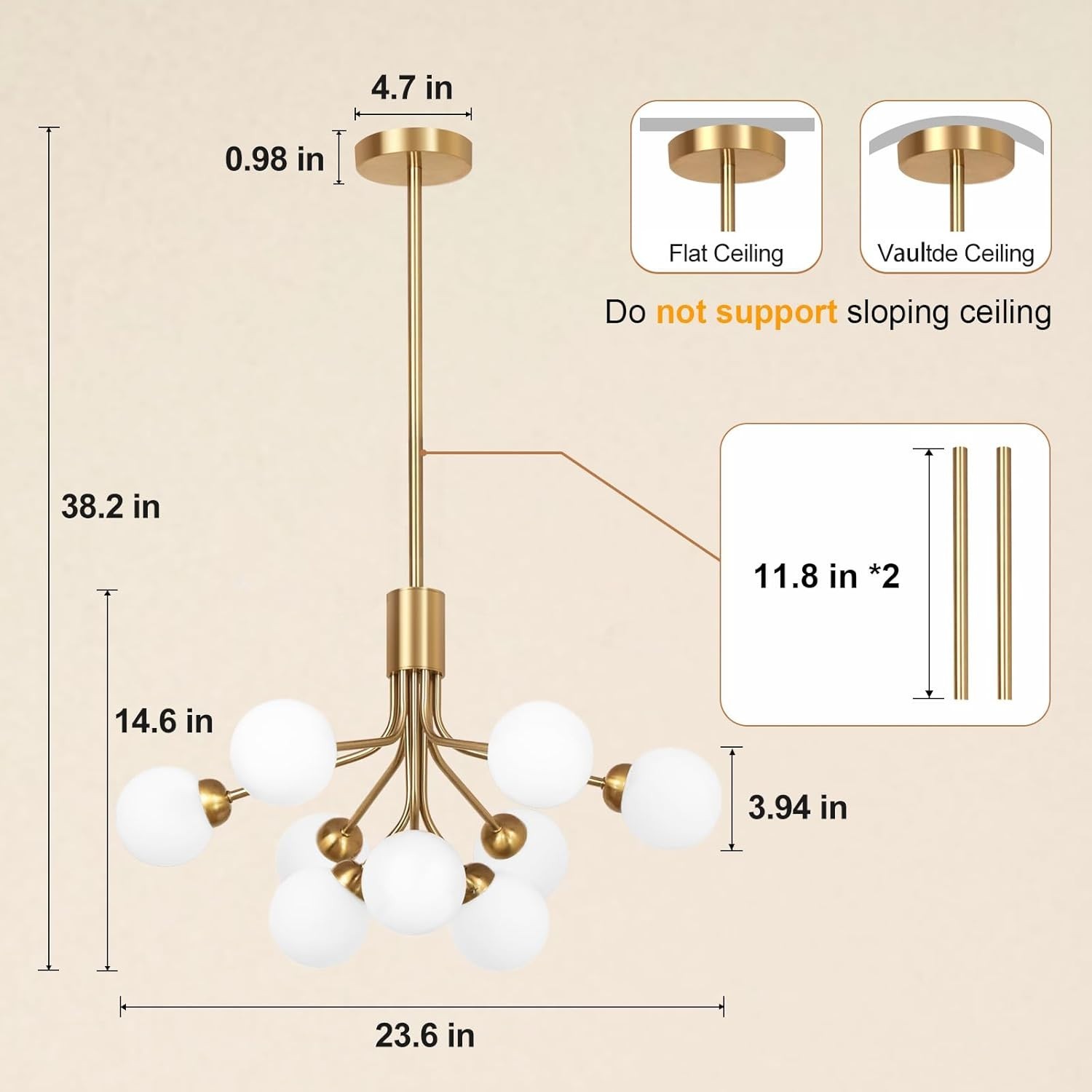 Mid Century Sputnik Chandelier 9-Light Gold Glass Globe 23.6″ G9