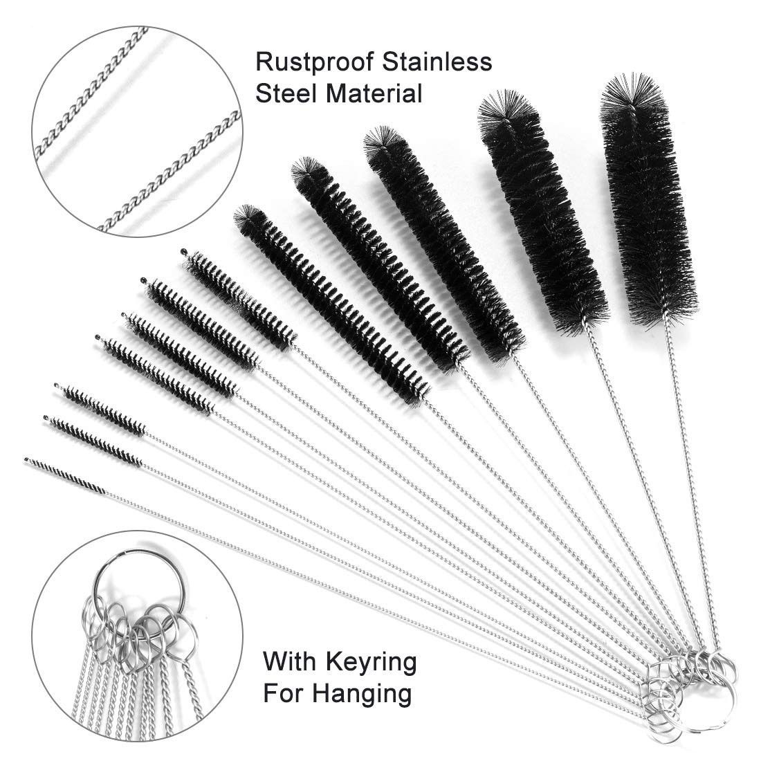 9.5 Inches Long Straw Cleaner Brush Set, 12 Pack 9.45 inches / 24 cm, Black