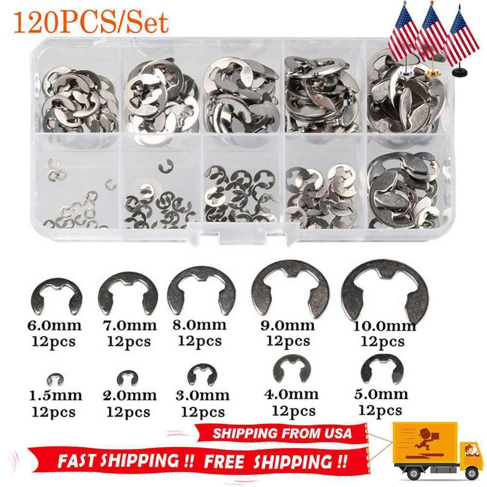 120Pcs Stainless E Clips C Circlip Steel Kit Retaining Ring Assorted 1.5 to 10mm