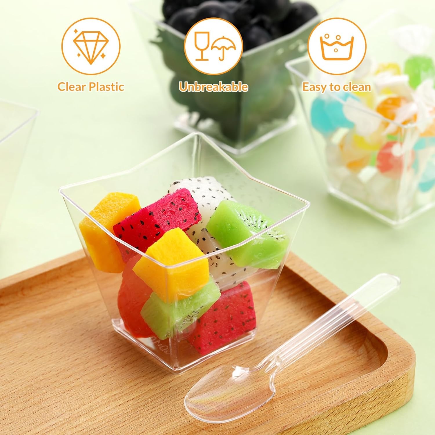 200 x 2.7 oz Mini Dessert Cups with Spoons, Square Clear Plastic Disposable
