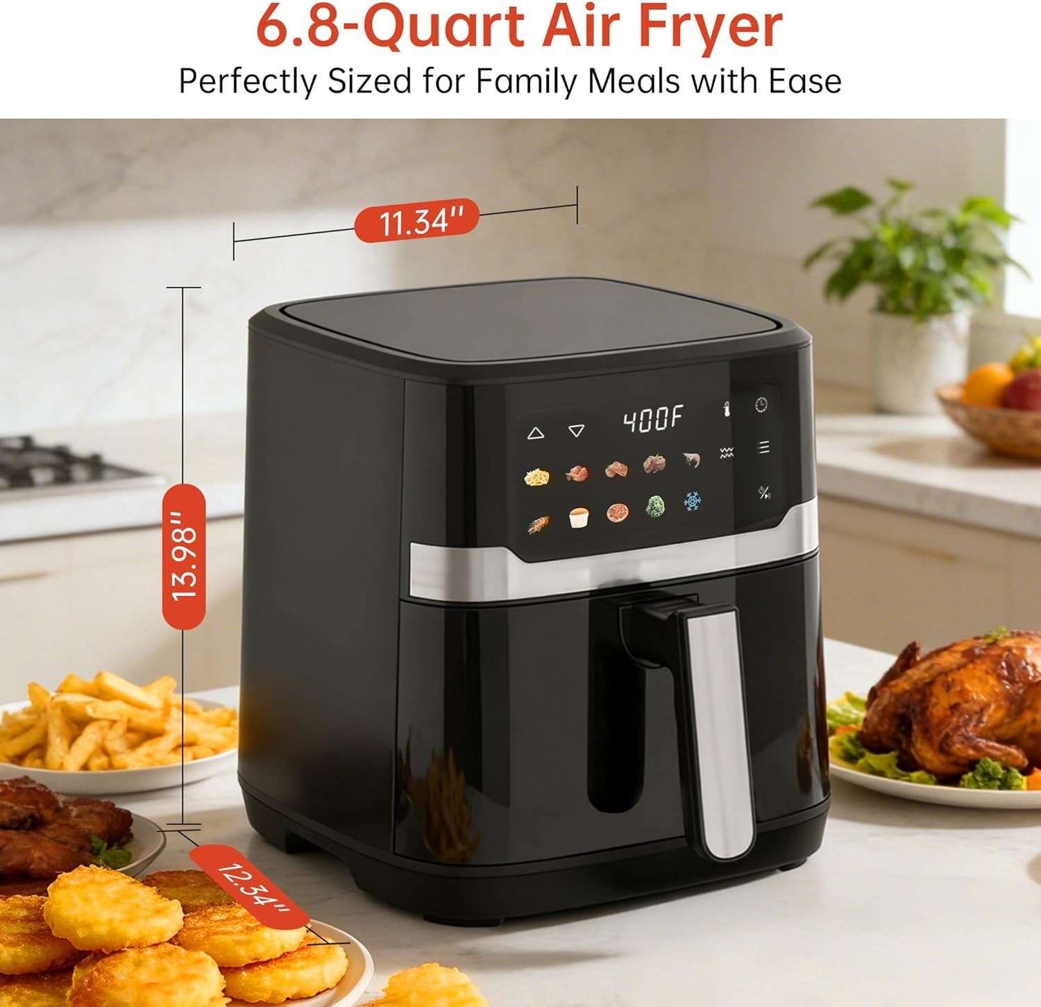6.8QT Air Fryer 10-in-1 Cooker with Visible Window 1700W Bottom Heater Black