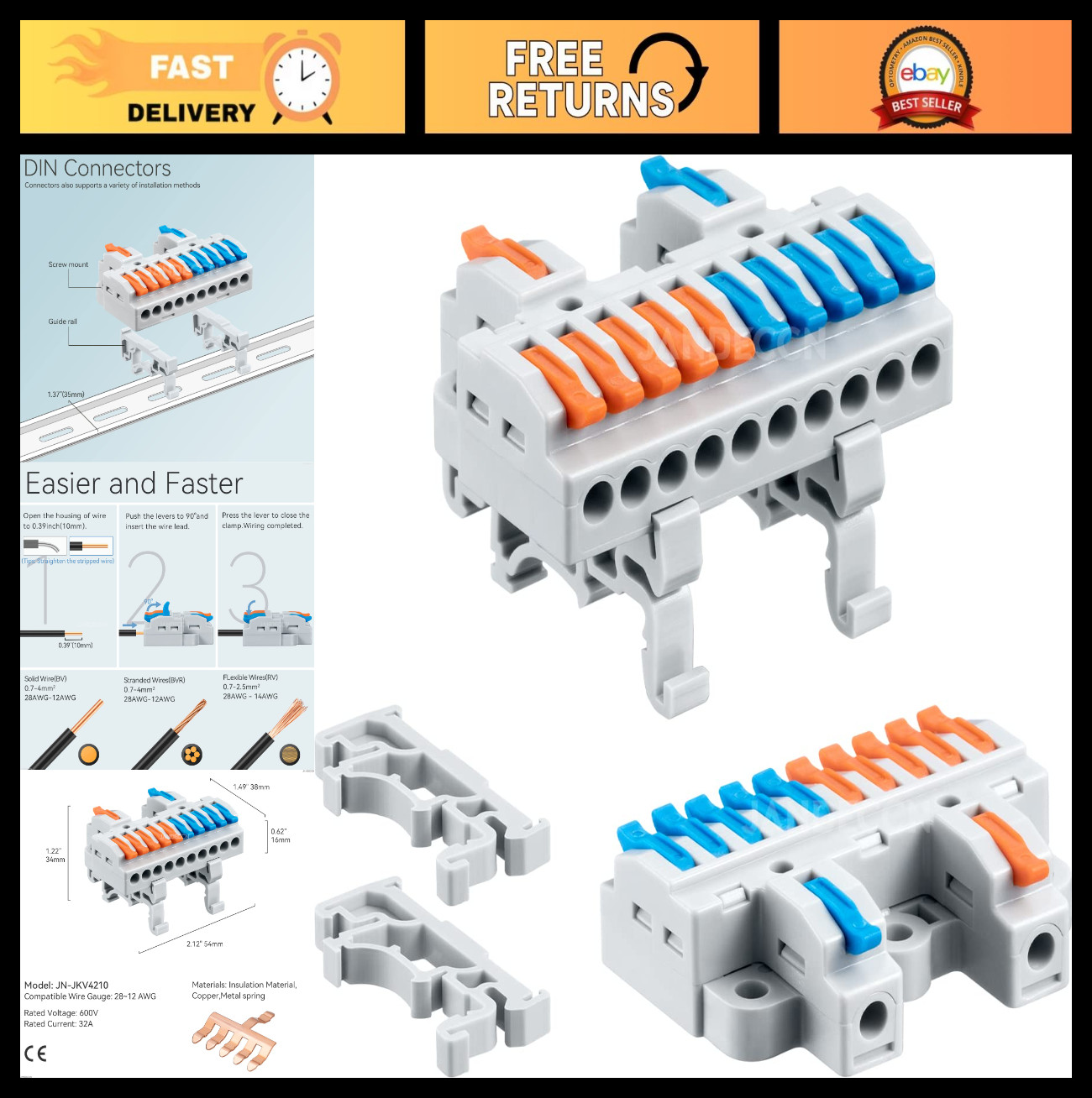 6pcs DIN Rail Terminal Blocks, DIY Wire Connectors for 28-12AWG Circuit Splicing