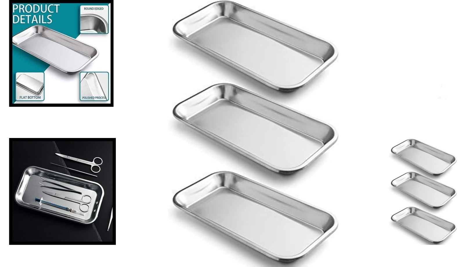 Elegant 3 Pack Surgical Trays in Stainless Steel for Instruments & Daily Use