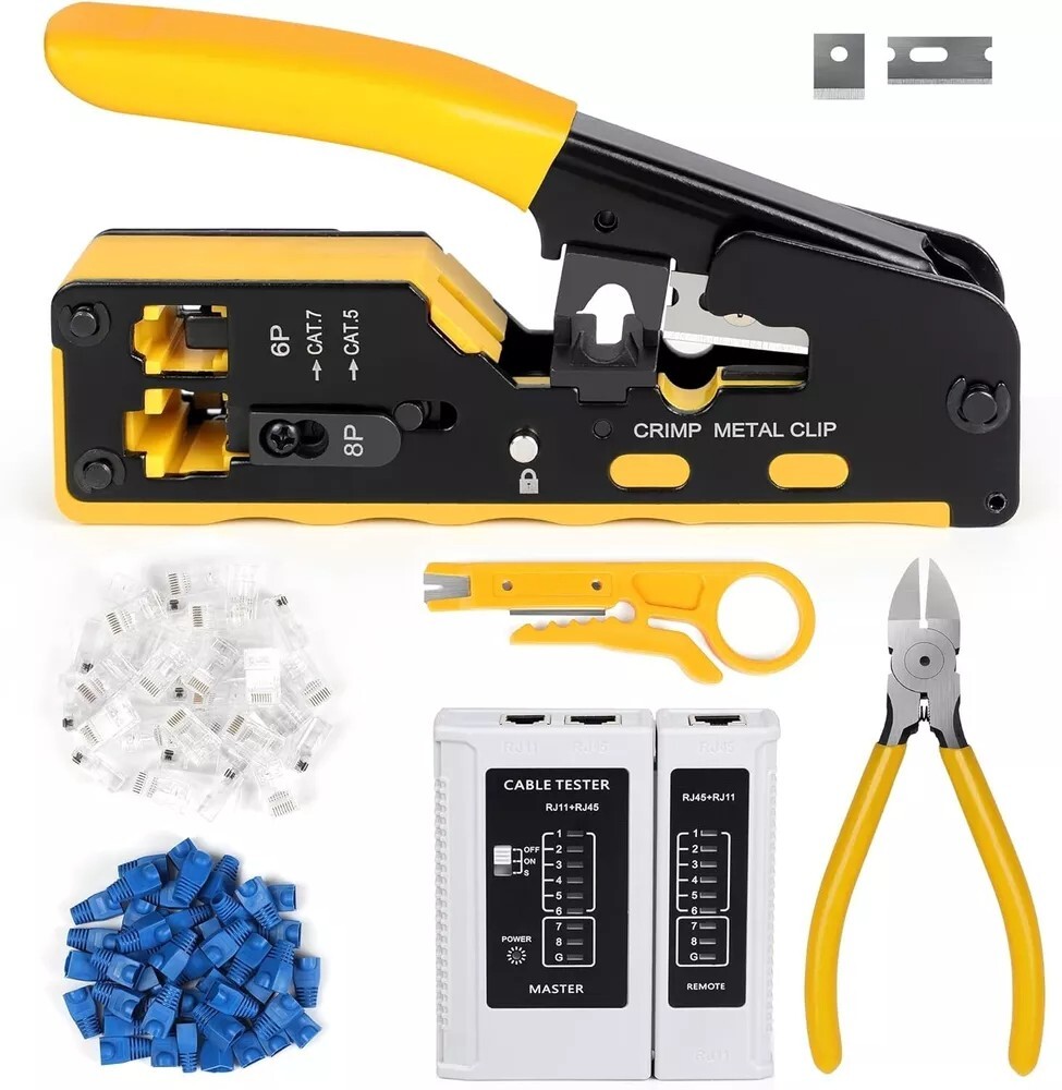 RJ45 Crimping Tool Kit Ethernet Pass Through Crimper Network Cat5 Cat6 Cat7