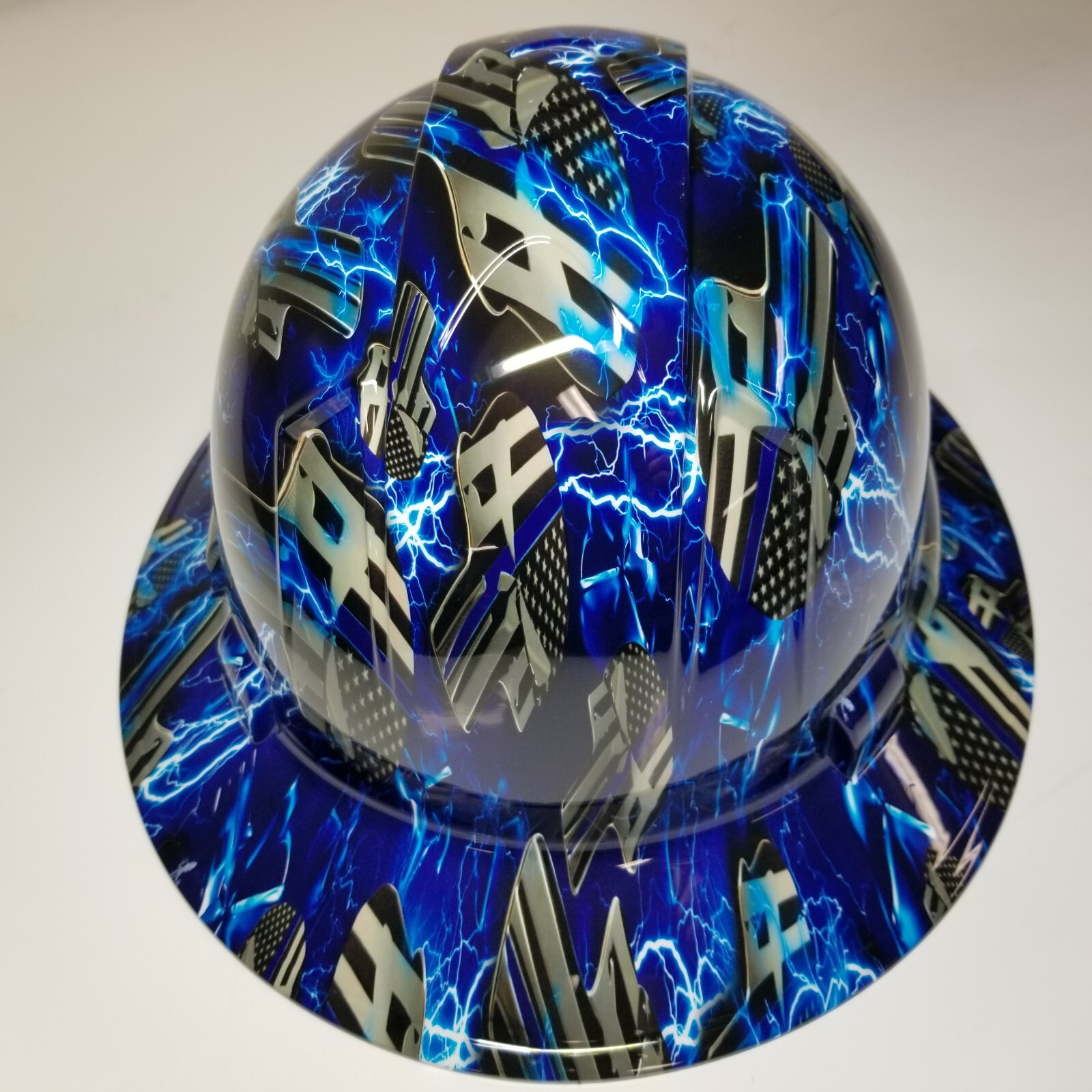 full brim hard hat custom hydro dipped IN BLUE LINE ICE SKULLS BLUE LIGHTNING