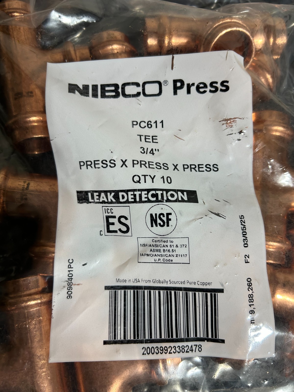 125 – NIBCO VIEGA PROPRESS COPPER PRO PRESS FITTINGS 3/4″ NIB. MADE IN USA