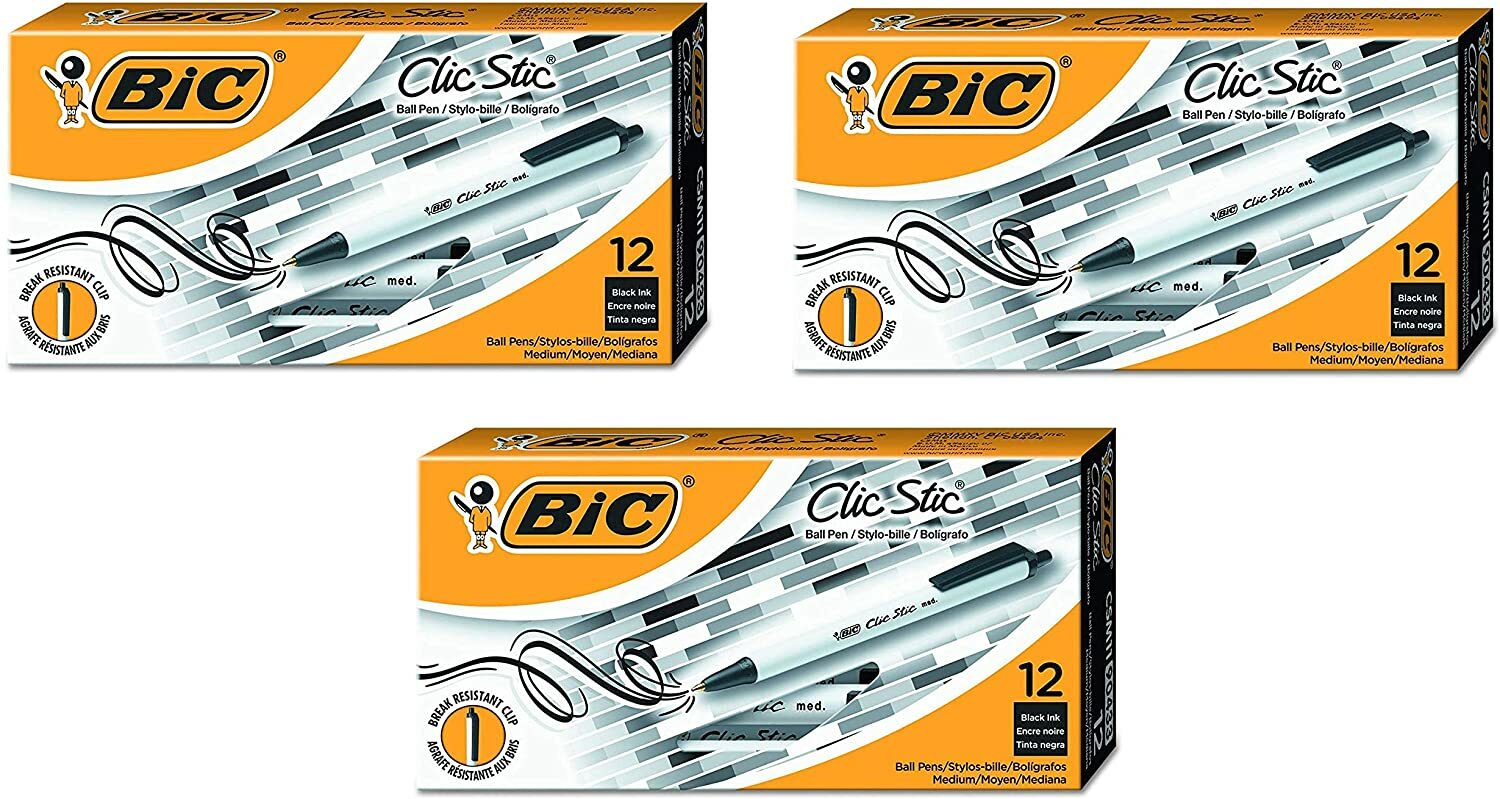 BIC Clic Stic Retractable Ball Pen, Medium Point, 1.0mm, Black, 36-Count