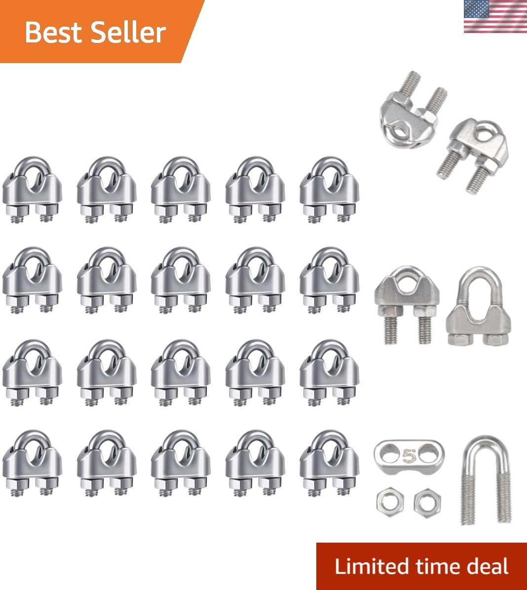 20PCS M5 3/16 Stainless Steel Wire Rope Cable Clip Clamp U-Bolt Clamp Kit