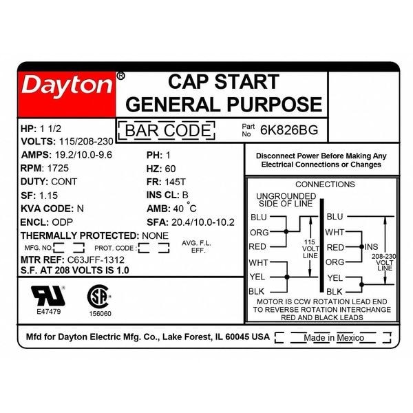 Dayton 6K826 Capacitor-Start General Purpose Motor, 1 1/2 Hp Hp, 115/208-230V