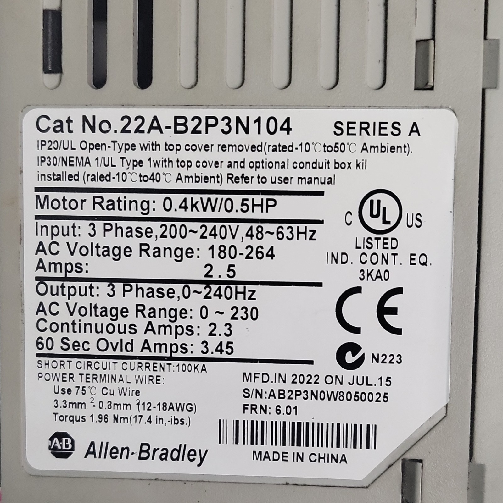 Allen-Bradley PowerFlex VFD 22A-B2P3N104 0.4kW 0.5HP 200-240V 3PH IP20