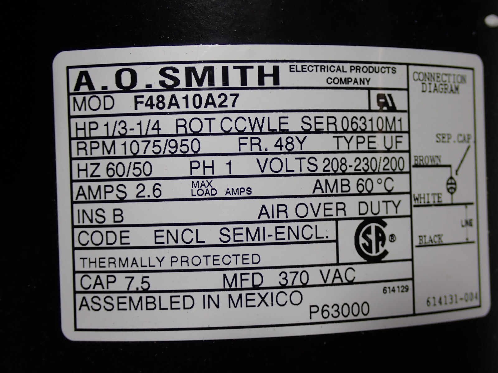 AO Smith Condenser Fan Motor F48A10A27 CCWLE 1/3-1/4 HP MOTOR NEW