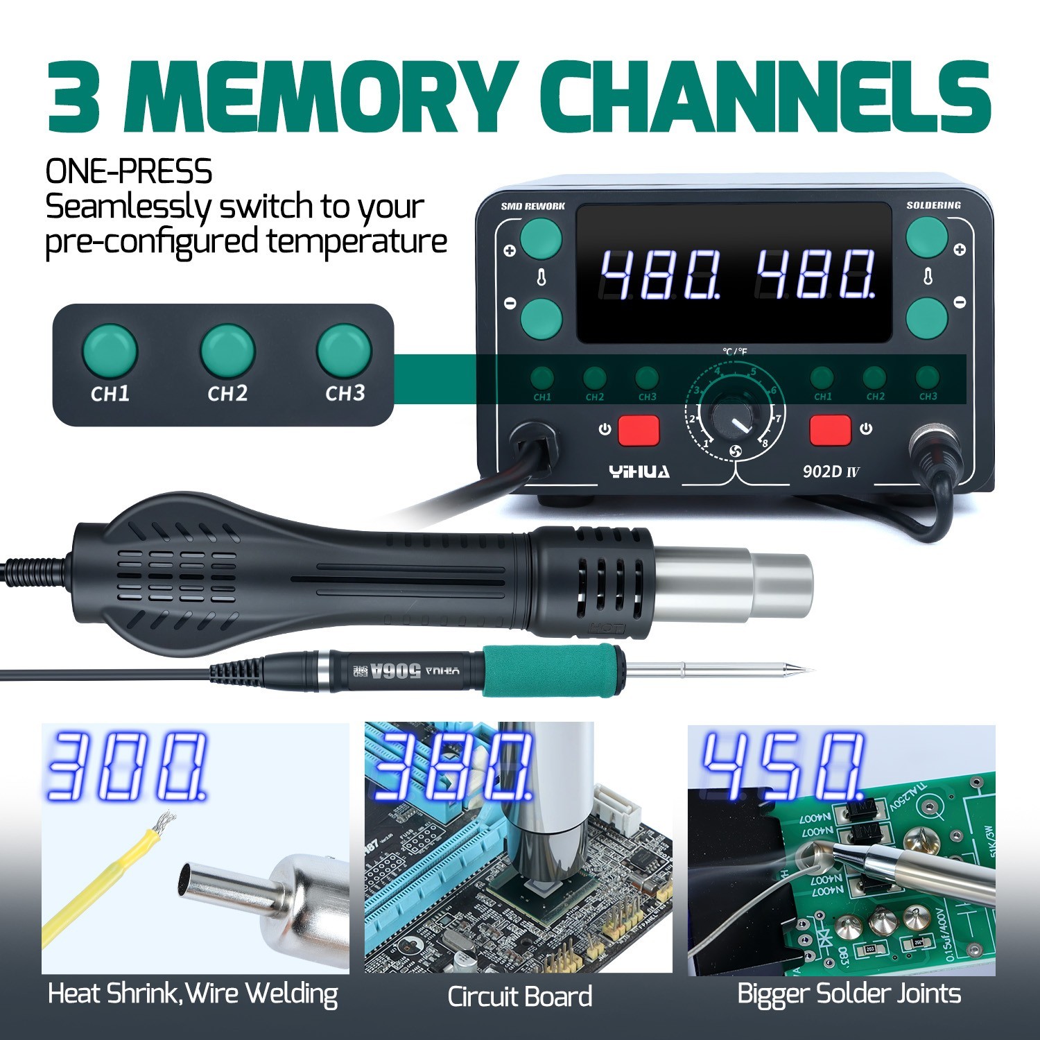 YIHUA 902D-IV T12 Soldering & Hot Air Rework Station Kit Digital Adjustable Temp