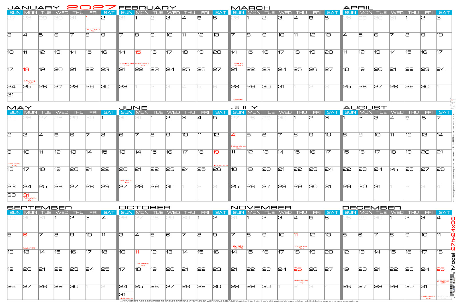 24″ X 36″ Large Horizontal 12 Month Laminated Erasable Wall Calendar (Rolled)