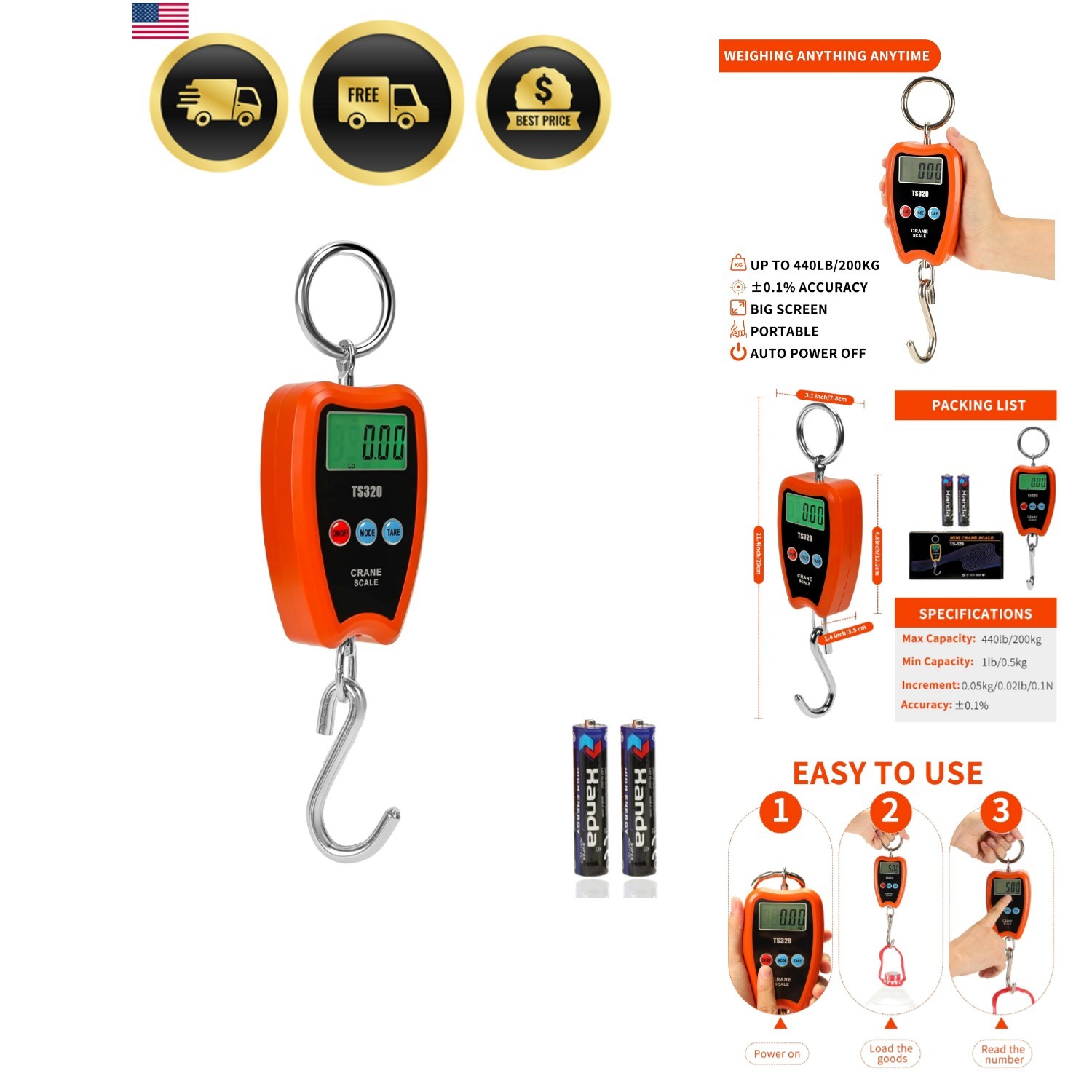 Digital Crane Scale 300kg/660lbs 200kg/440lbs with LED Handheld Mini Hanging …