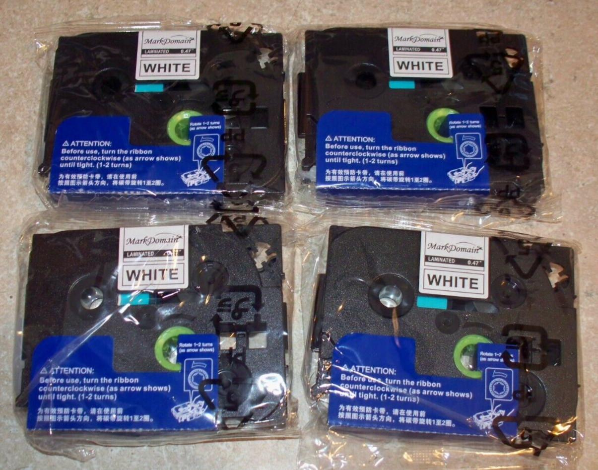 Lot of 4 Laminated White Label Tape TZe-231 Compatible 12mm 0.47” Black Ink