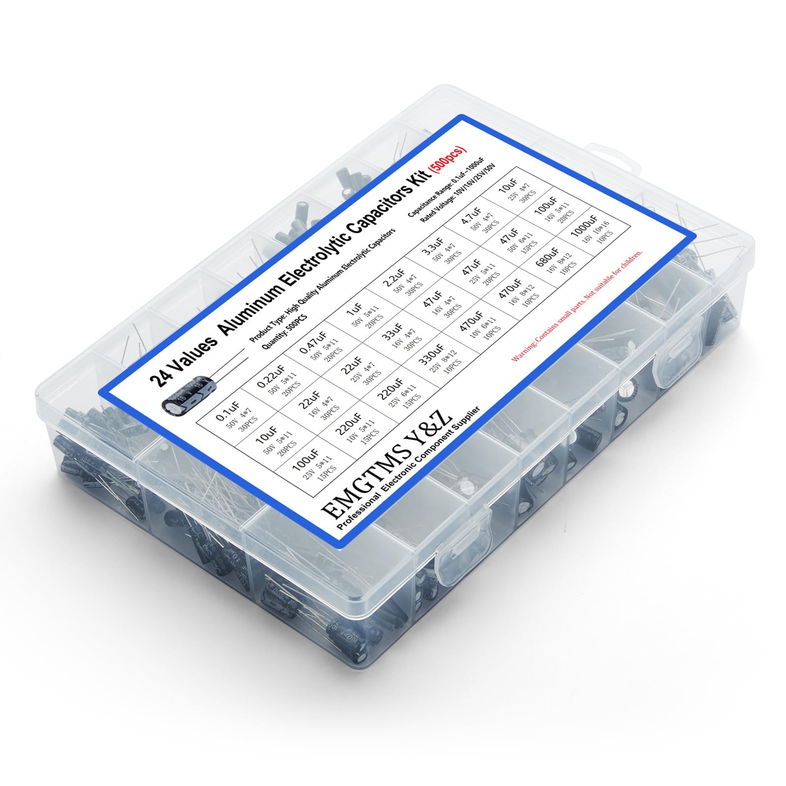 Electrolytic Capacitor Assortment Kit 500pcs 24 Values 0.1uF-1000uF 10V-50V