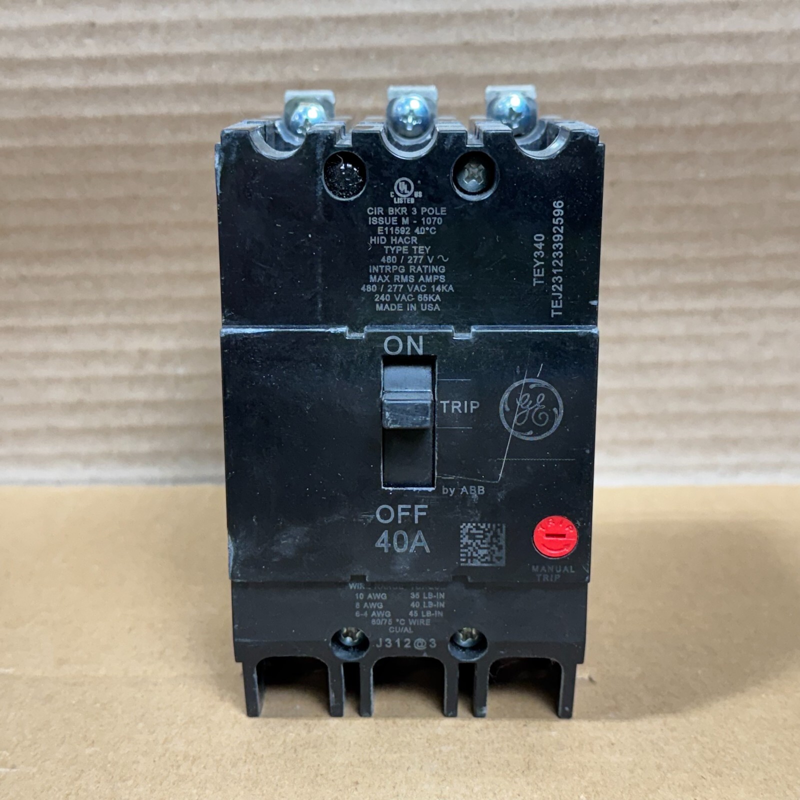 New GE TEY TEY340 3 Pole 40 Amp 480V Silk Screen Circuit Breaker NTO
