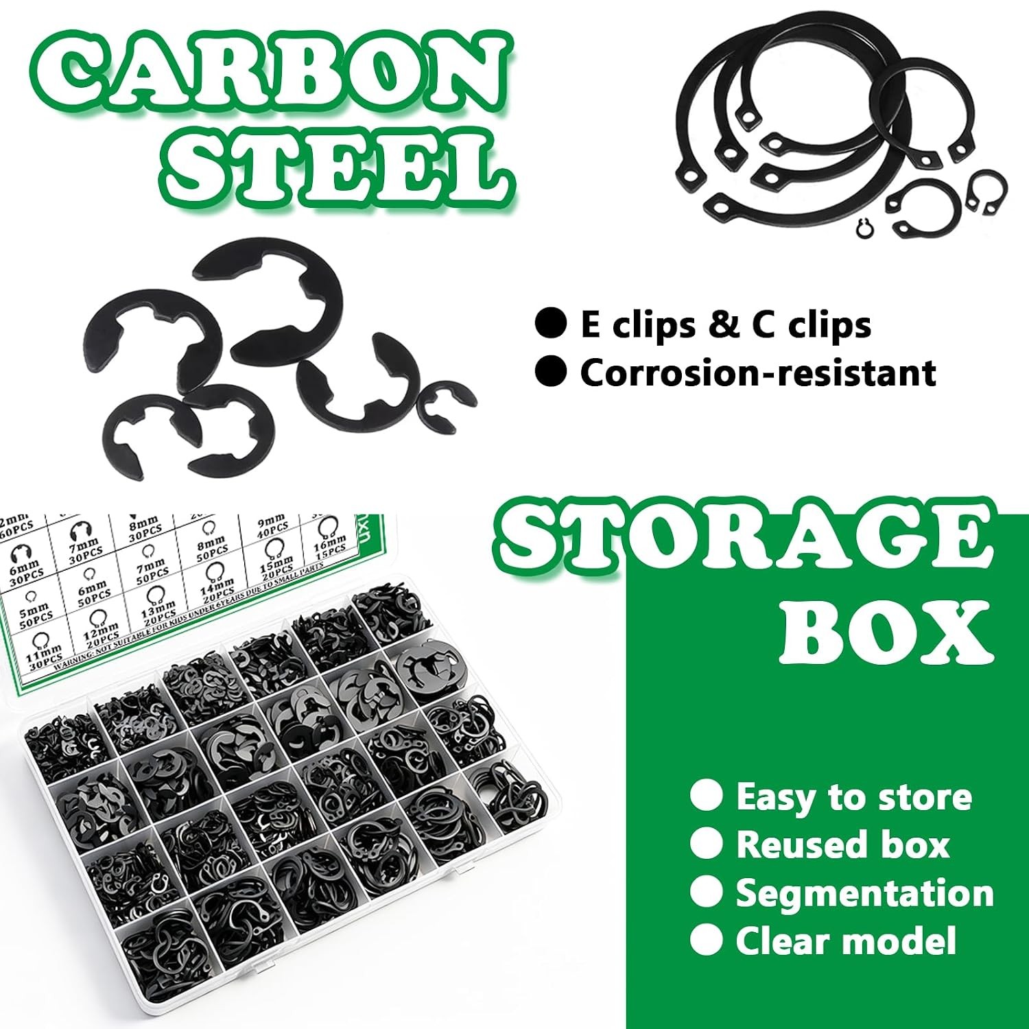900PCS Black Carbon Steel Snap Rings & E Clips Assortment Kit 2MM-12MM C Clip
