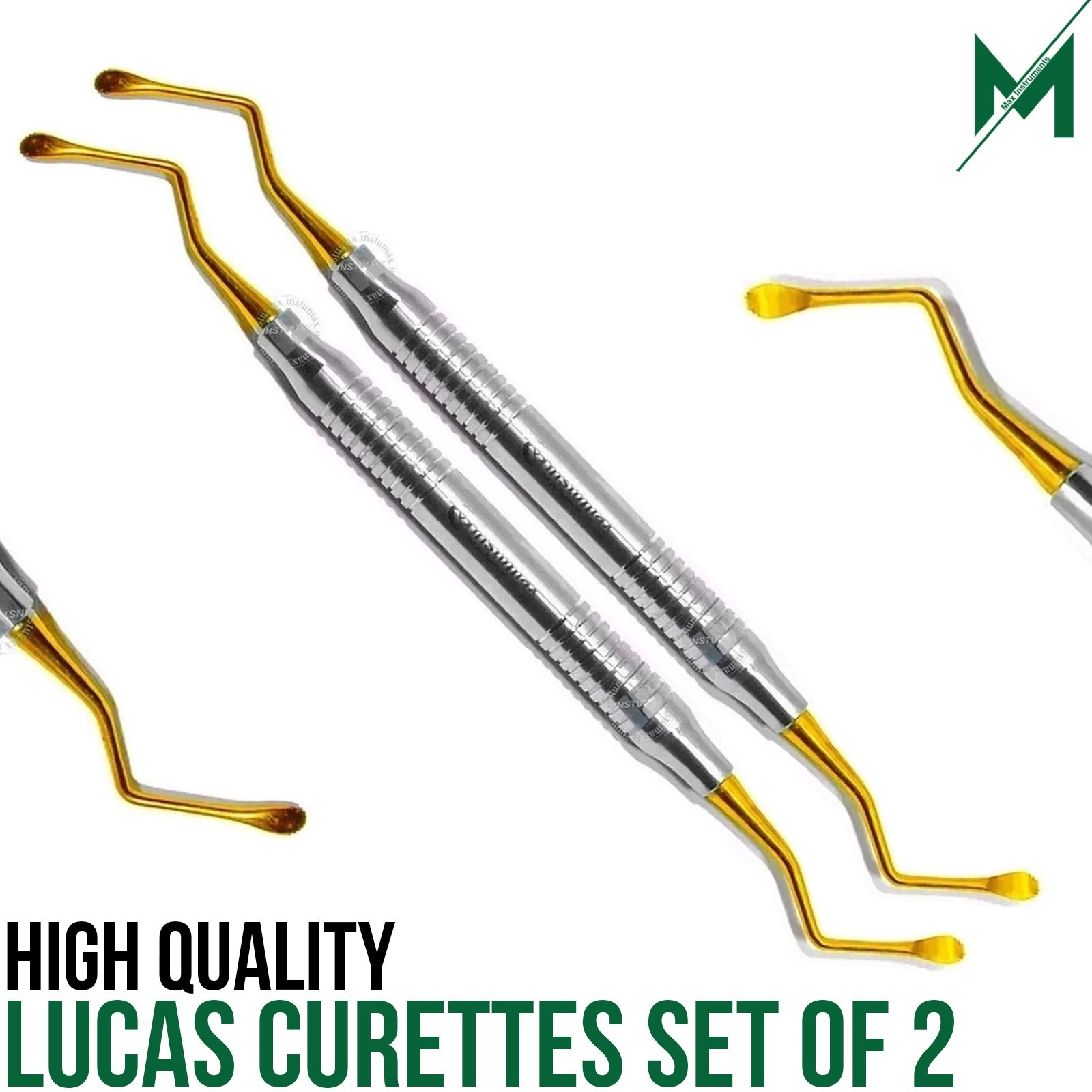 Dental Lucas Curettes Set of 2 Surgical Bone Curettes Serrated Gold Coated Tips
