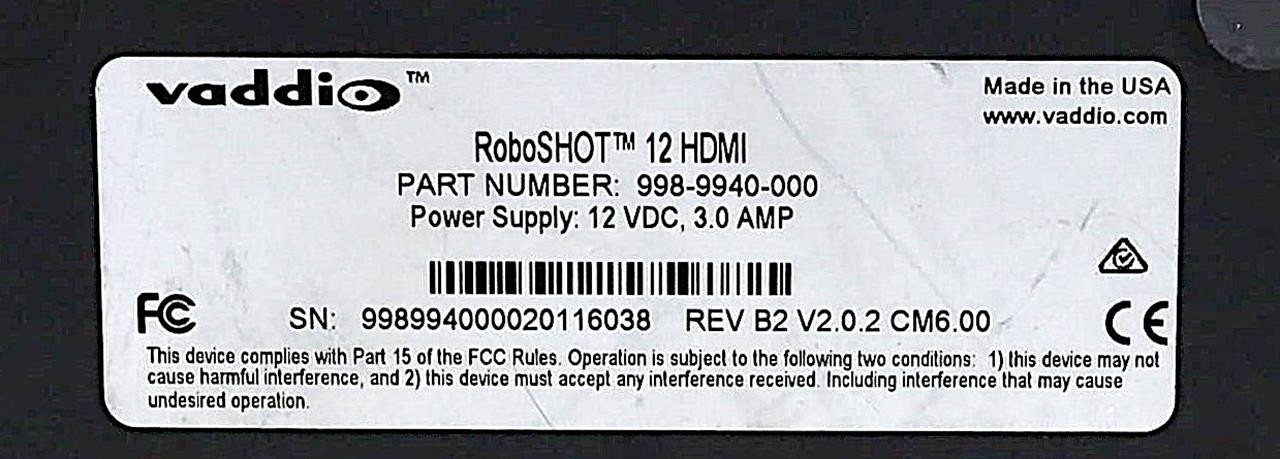 VADDIO ROBOSHOT 12HDMI 998-9940-000 PTZ CONFERENCE CAMERA