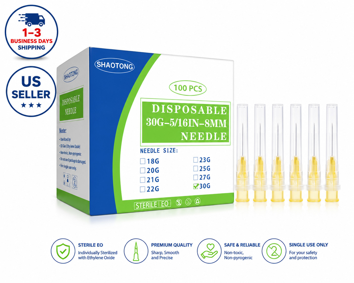 100 Pack 30 Ga 5/16 inch Disposable Needles with Caps for Scientific and Industr