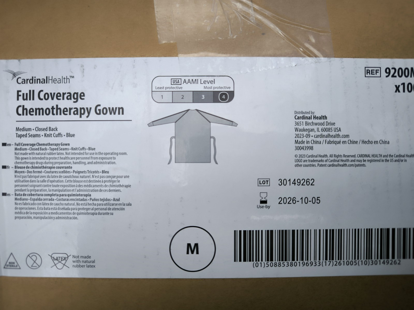 Cardinal Health™ Full Coverage Chemotherapy Gown, Medium, 9200M, Case of 100