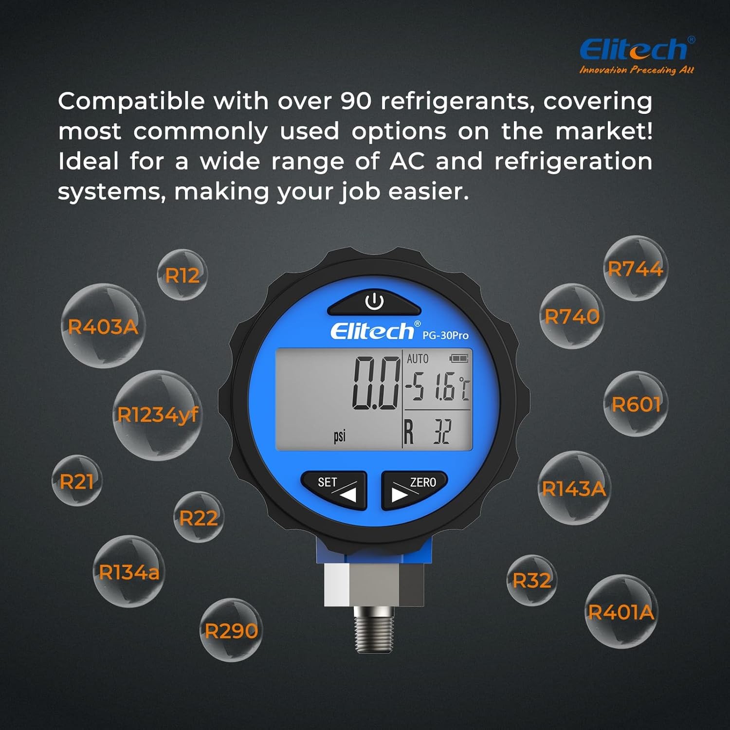 Elitech PG-30Pro Blue Refrigeration HVAC Digital Pressure Gauge 87+ Refrigerants