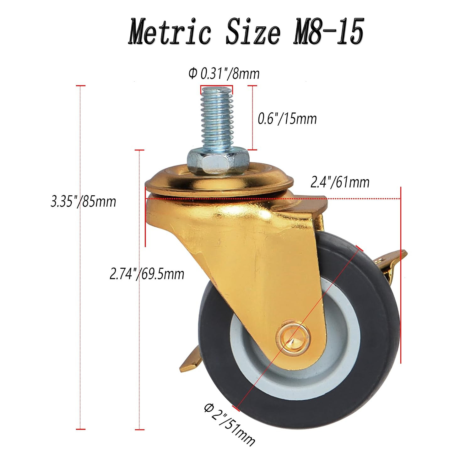 2 Inch Stem Caster Wheels with Brake, Metric Size M8-1.25-15 (Screw Diameter 8Mm