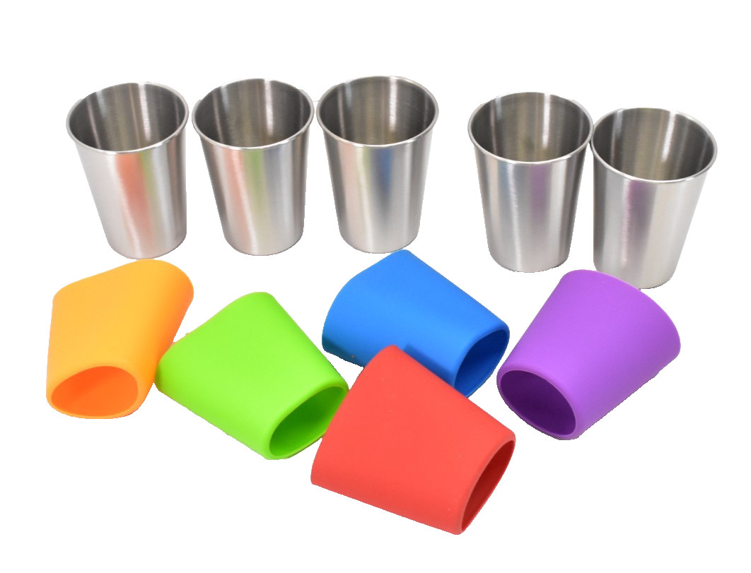 Lot of 5 Stainless Steel Cups w Colored Sleeves Small/Mini Size Cups Assorted