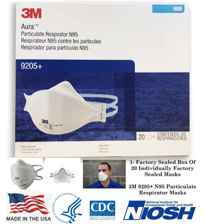 3M N95 Aura 9205+ 20 MASKS NIOSH Approved N95 Particulate Respirator Face Masks