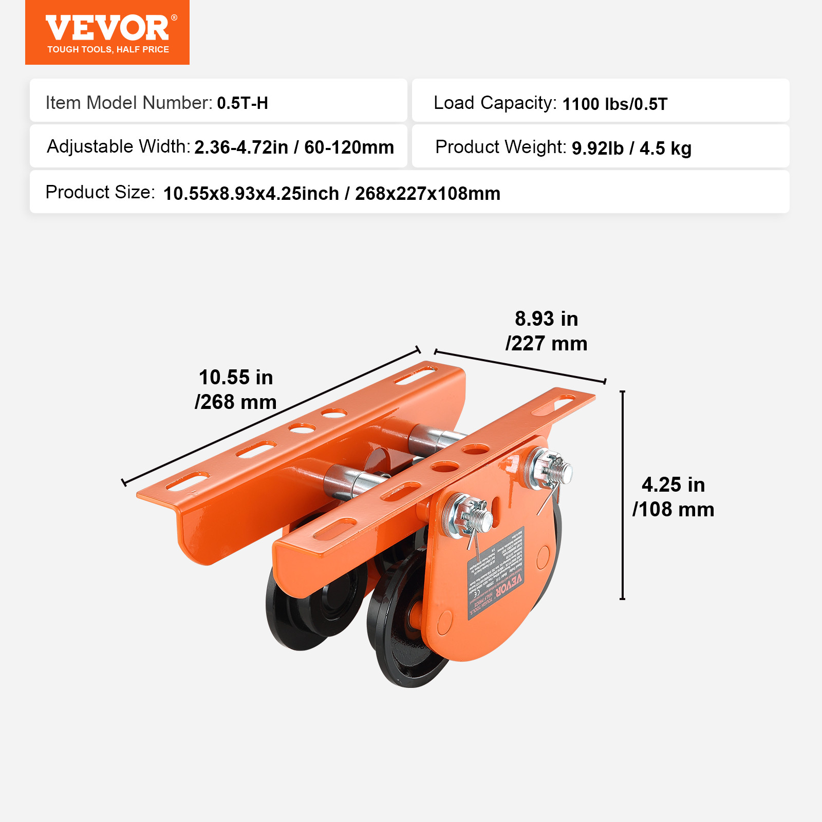 VEVOR Electric Hoist Manual Trolley 1100 lbs/0.5T 2.36″-4.72″ I-Beam Adjustable