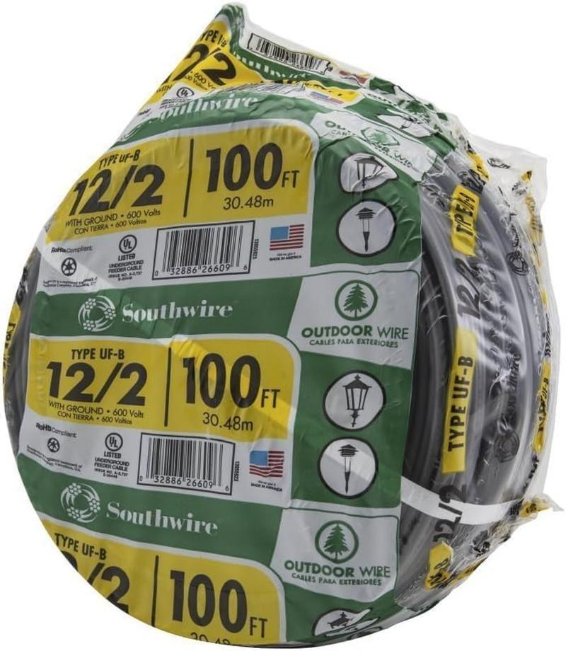 12/2 UF B Wire with Ground, 100 Ft, Gray Solid Copper Direct Burial Cable for Ou