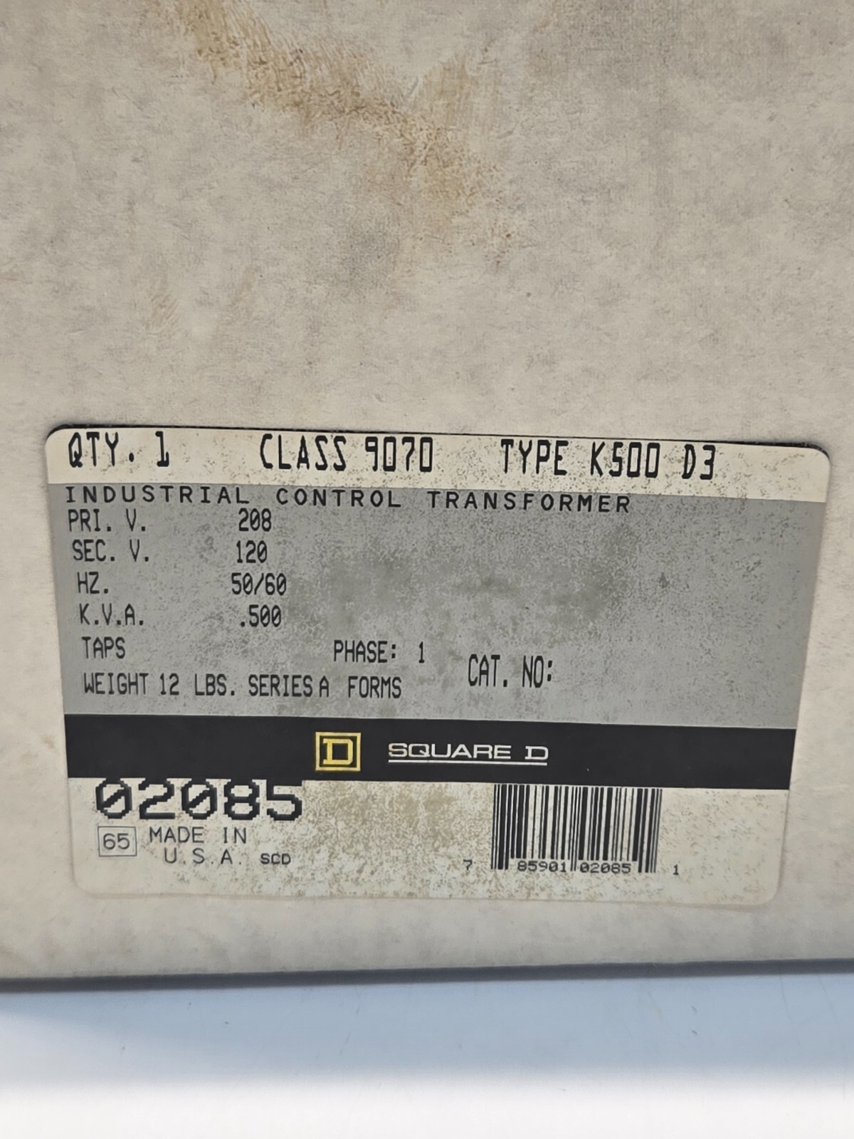 SQUARE D 9070-K500D3 TRANSFORMER .5KVA 50/60HZ 208/120V BRAND NEW SEALED BOX e6