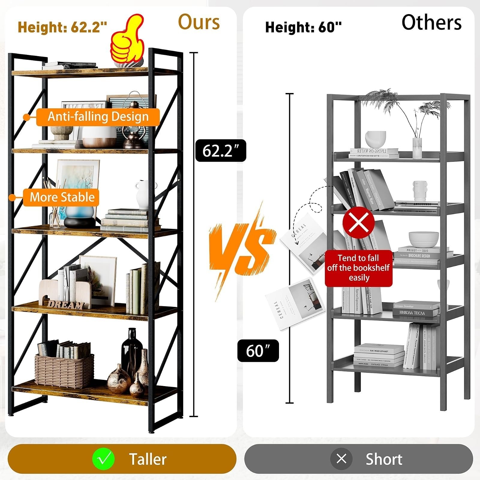 Shintenchi 5 Tier Bookshelf – Modern Industrial Bookcase for Home & Office