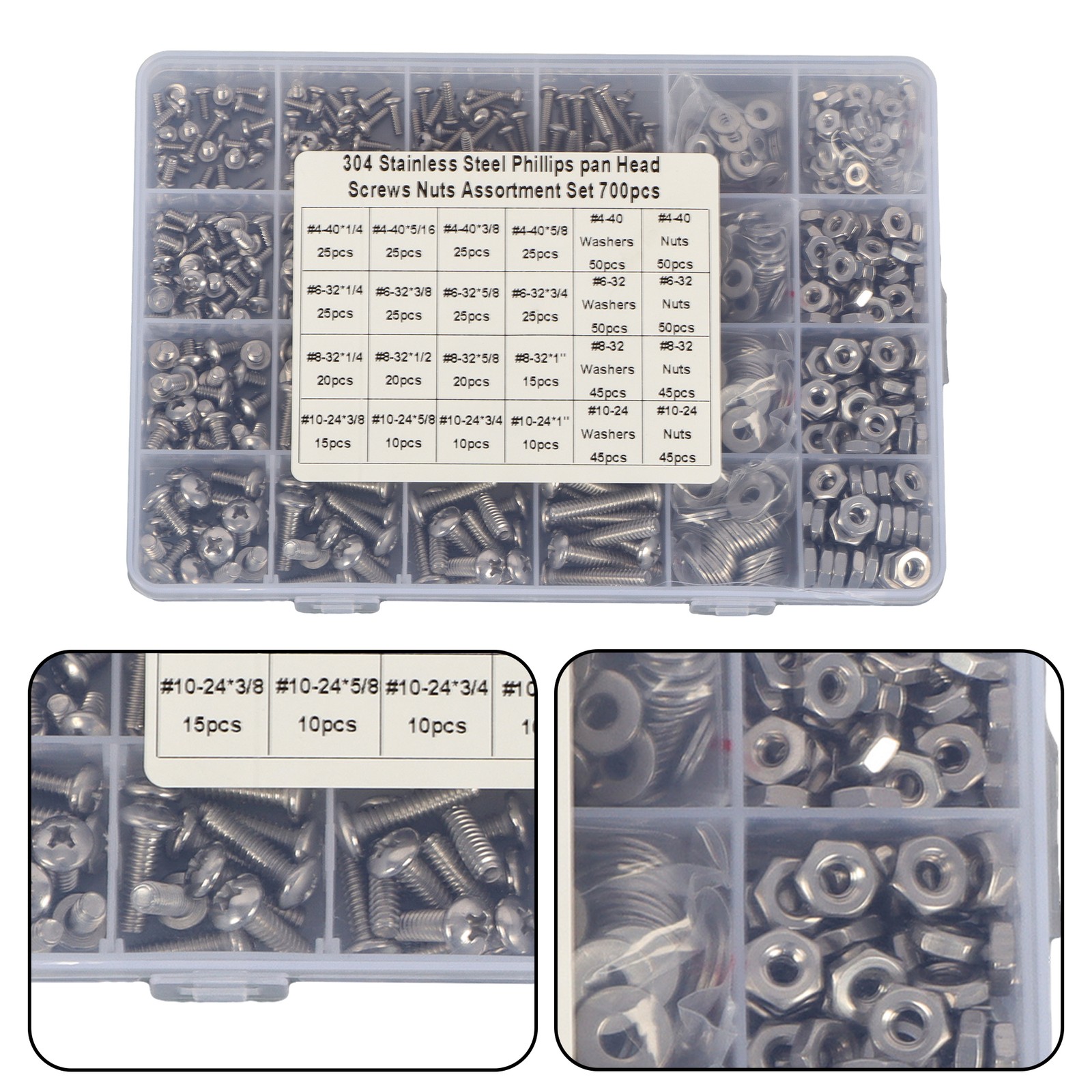 700Piece 4-40 to #10-24 Assortment, Phillips Pan Head Screws with Nuts Set