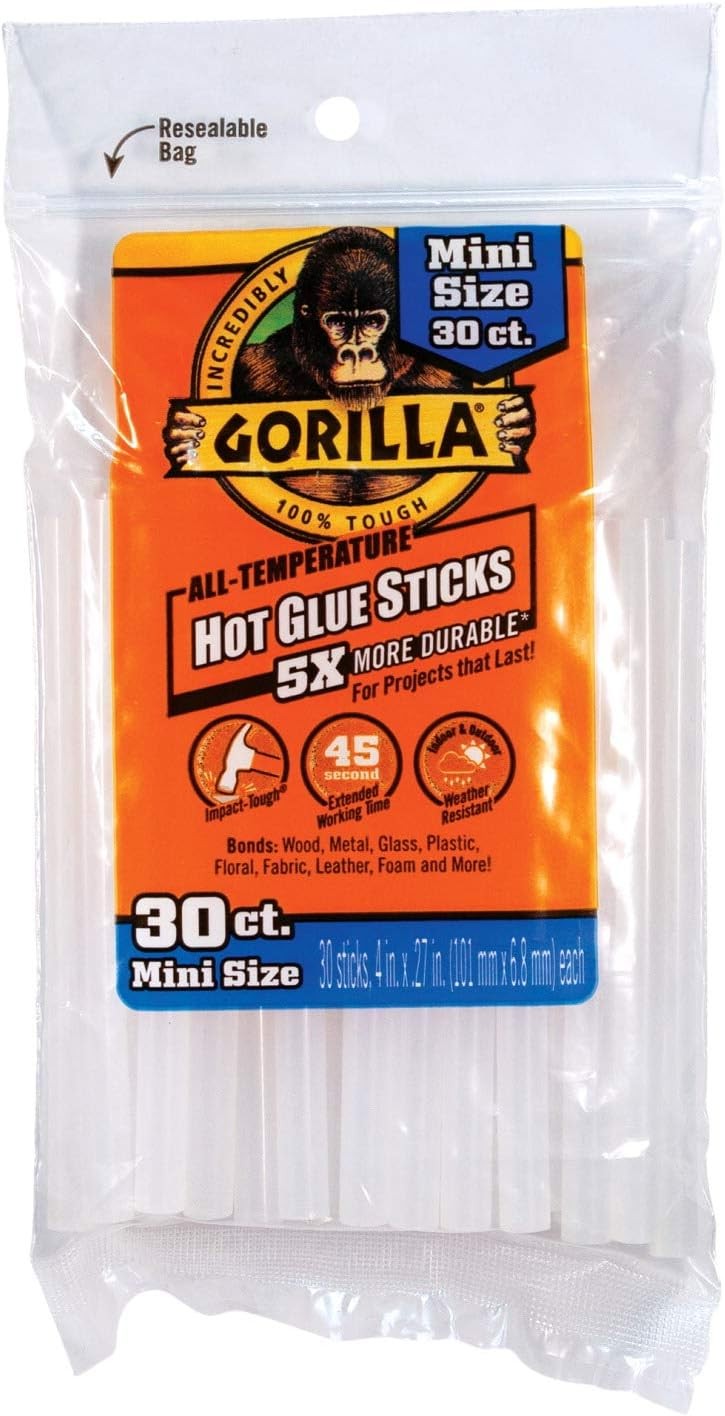 Gorilla Hot Glue Sticks, Mini Size, 4″ Long x .27″ Dia, 30 Count, Clear, 1EA