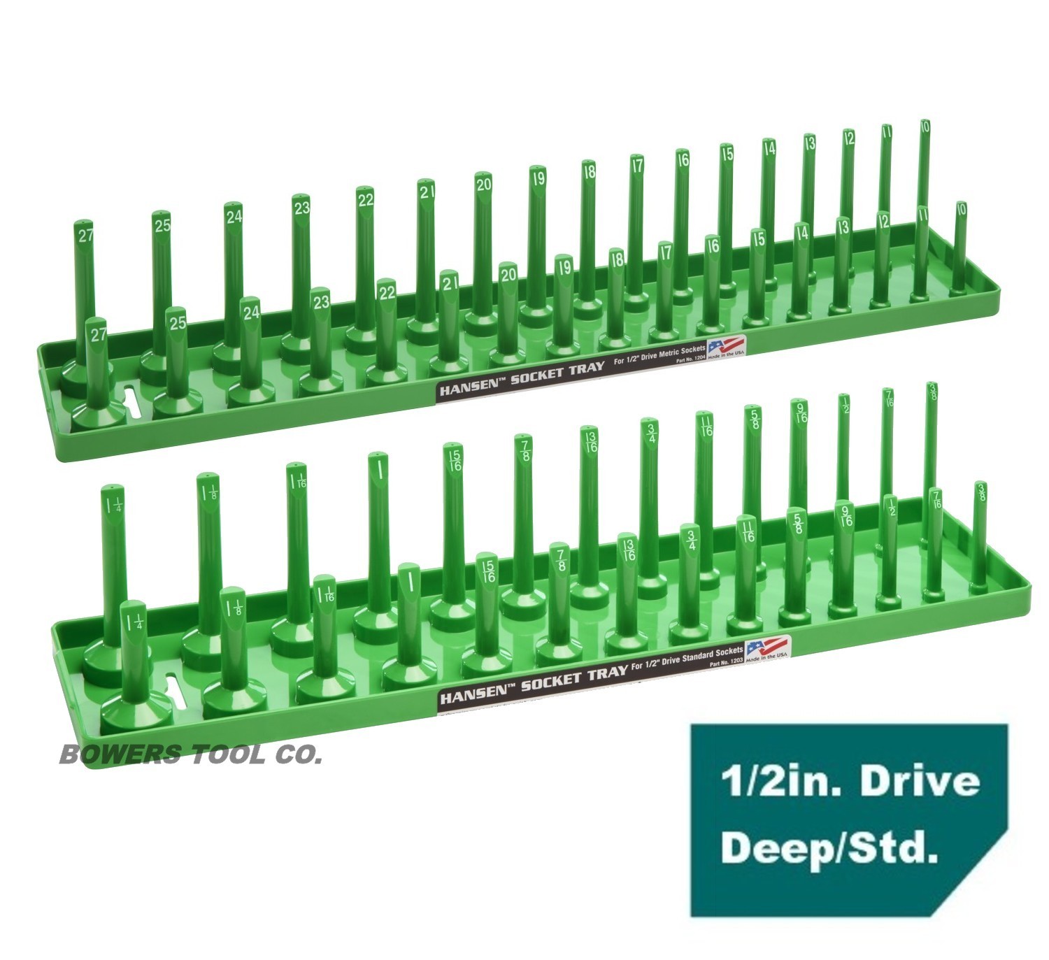 Hansen 6pc Socket Organizer Tray Rack Holder Metric SAE 1/4″ 3/8″ 1/2″ Green