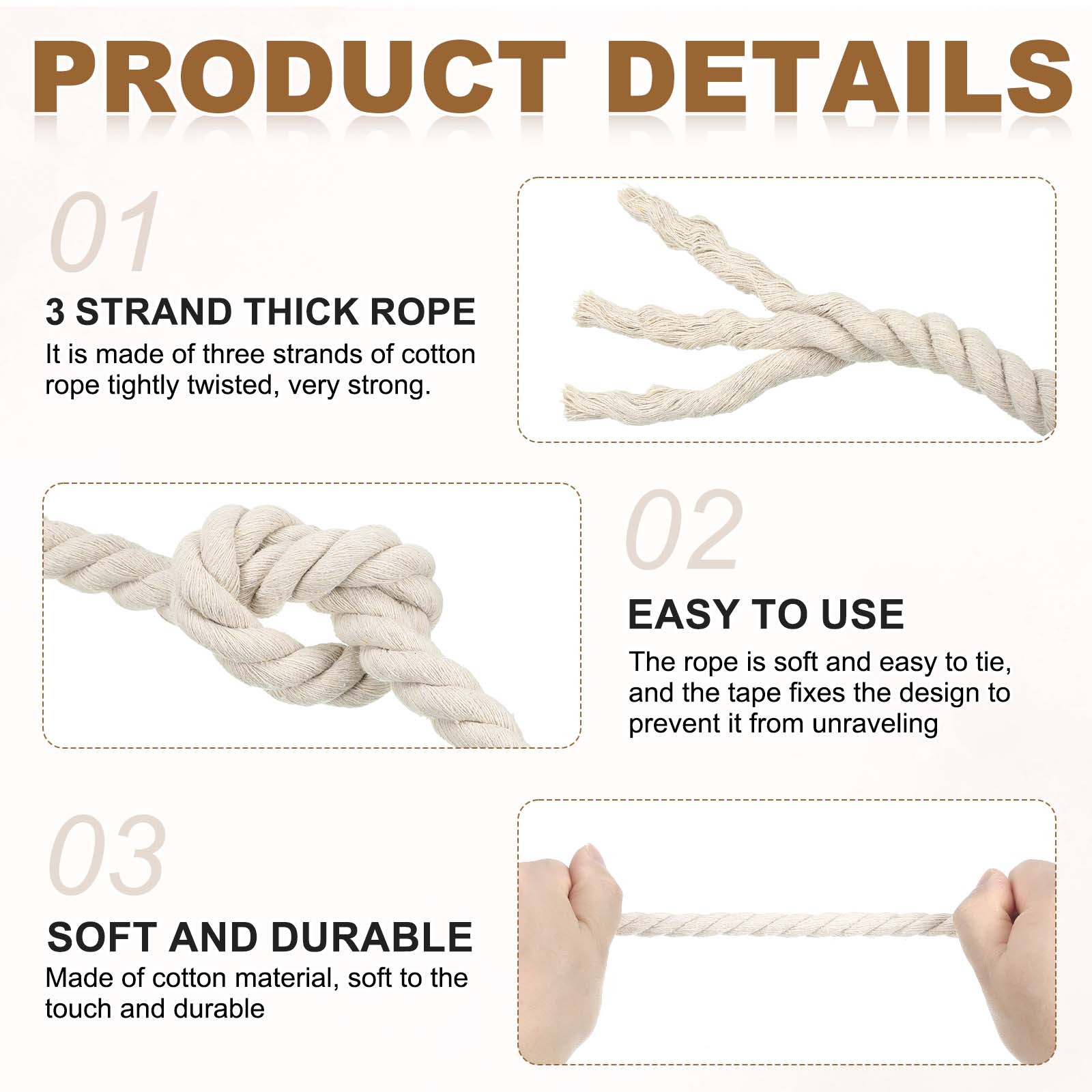 10mm x 11.5 Feet Beige Cotton Rope 3 Strand for DIY Wall Hanging Knotting