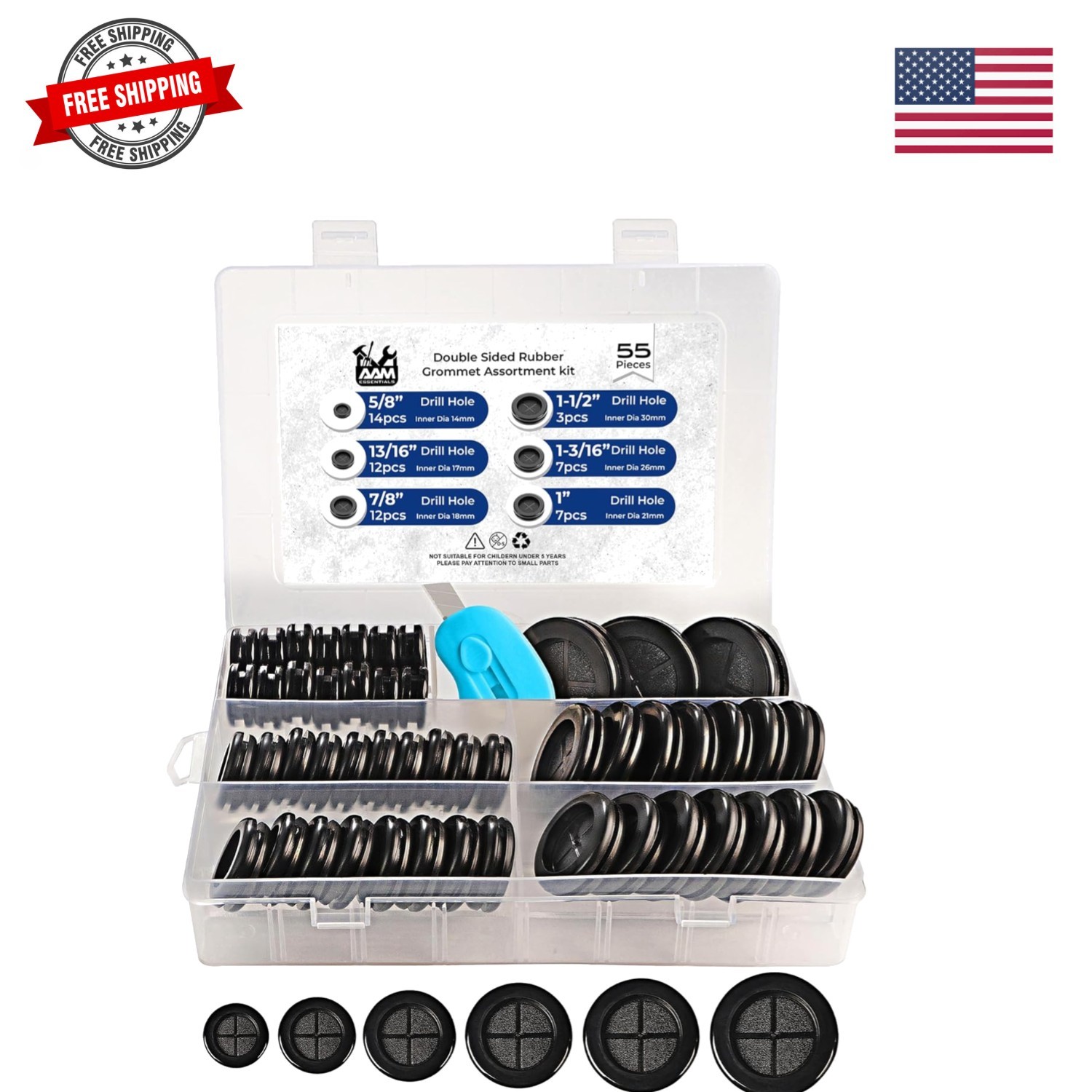 55Pcs Double-Sided Rubber Grommets kit in 6 Assorted Sizes 5/8″,13/16″,7/8″,1…